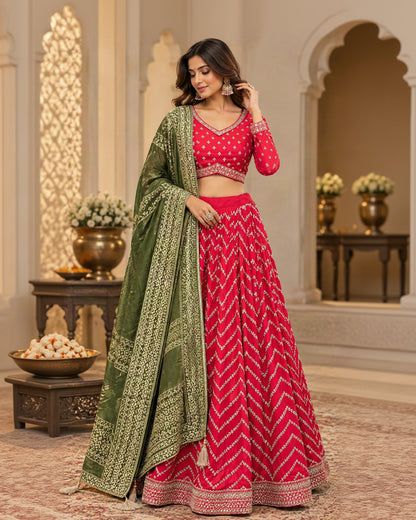 Rani Pink & Olive Green Designer Lehenga Choli Set with Chevron Sequin Work, Printed Dupatta & Intricate Border | Festive & Wedding Wear