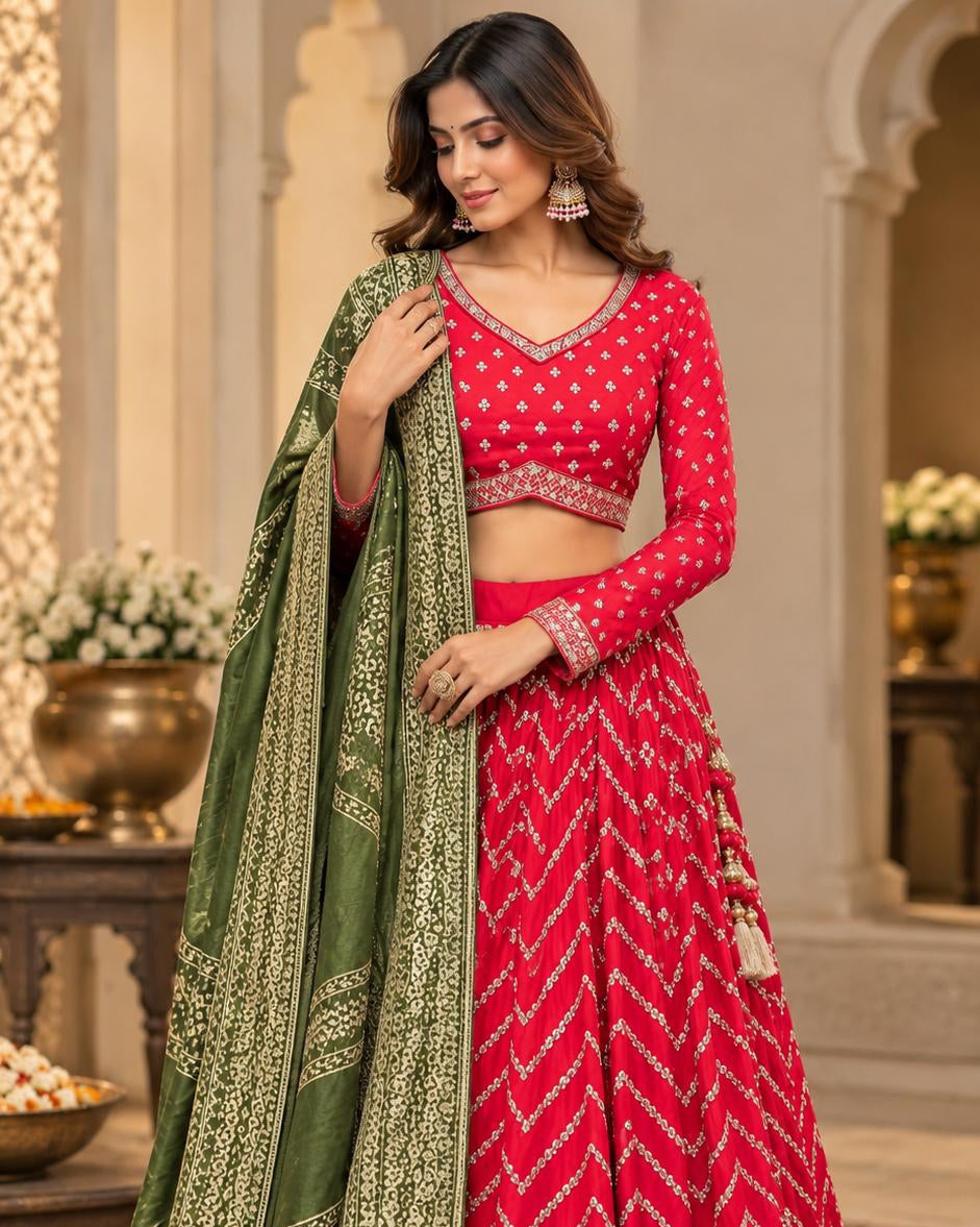 Rani Pink & Olive Green Designer Lehenga Choli Set with Chevron Sequin Work, Printed Dupatta & Intricate Border | Festive & Wedding Wear