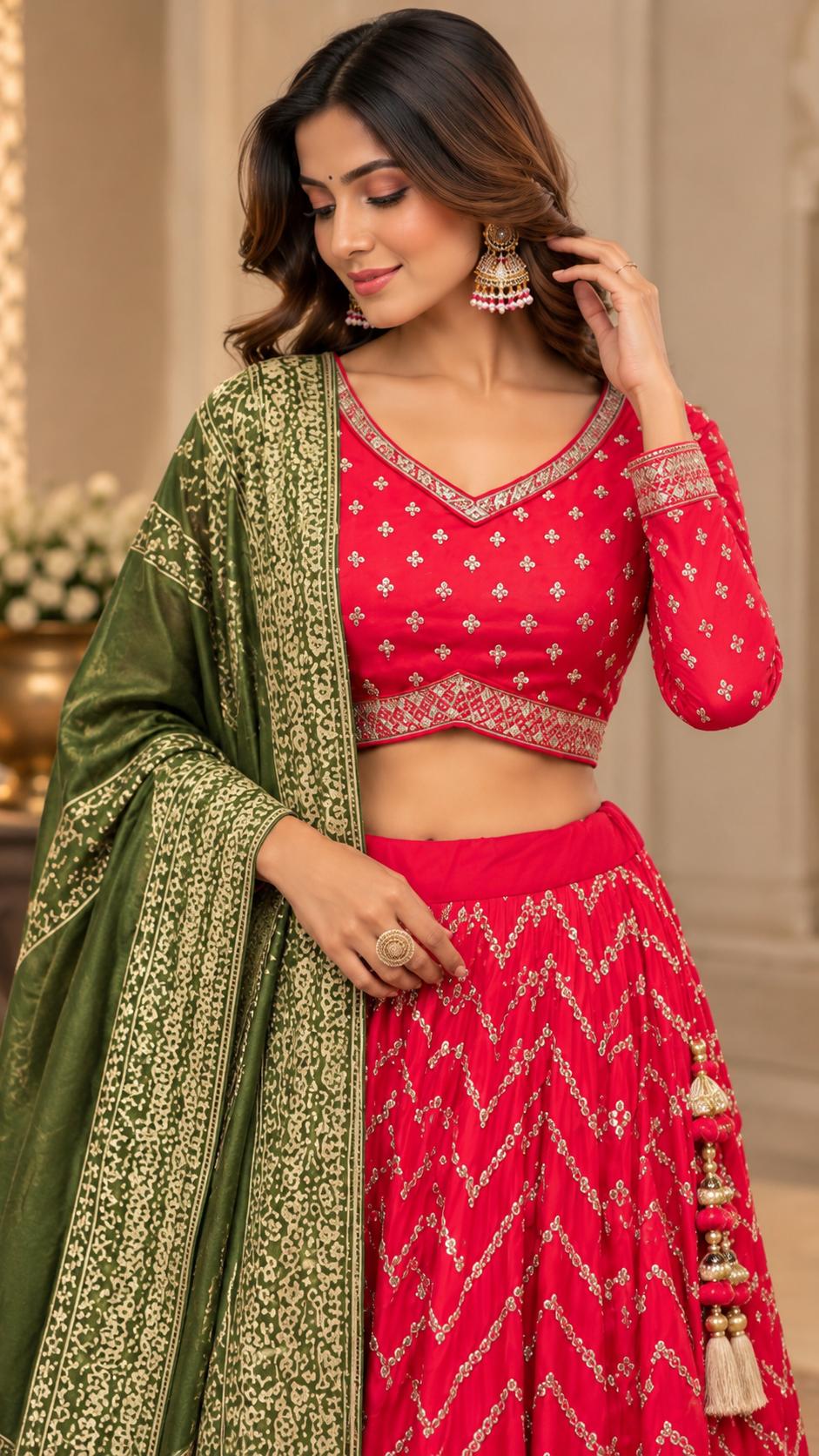 Rani Pink & Olive Green Designer Lehenga Choli Set with Chevron Sequin Work, Printed Dupatta & Intricate Border | Festive & Wedding Wear