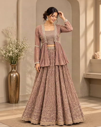 Mauve Pink Embroidered Lehenga Choli Set with Sequins, Sheer Peplum Jacket & Intricate Border Work | Festive Wedding Wear