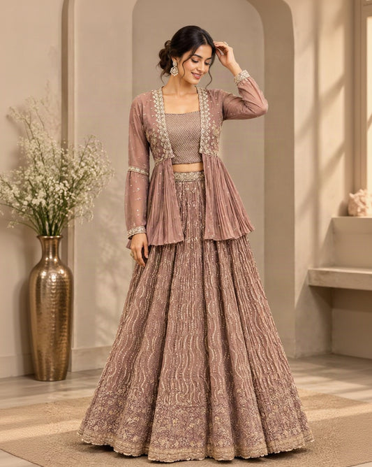 Mauve Pink Embroidered Lehenga Choli Set with Sequins, Sheer Peplum Jacket & Intricate Border Work | Festive Wedding Wear