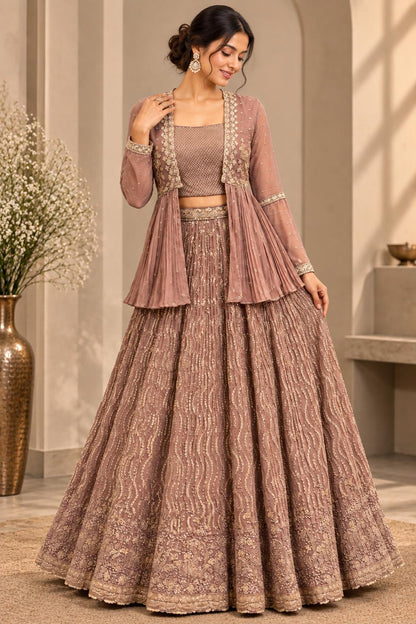 Mauve Pink Embroidered Lehenga Choli Set with Sequins, Sheer Peplum Jacket & Intricate Border Work | Festive Wedding Wear