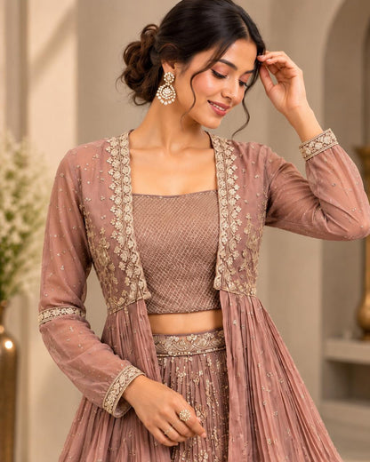 Mauve Pink Embroidered Lehenga Choli Set with Sequins, Sheer Peplum Jacket & Intricate Border Work | Festive Wedding Wear