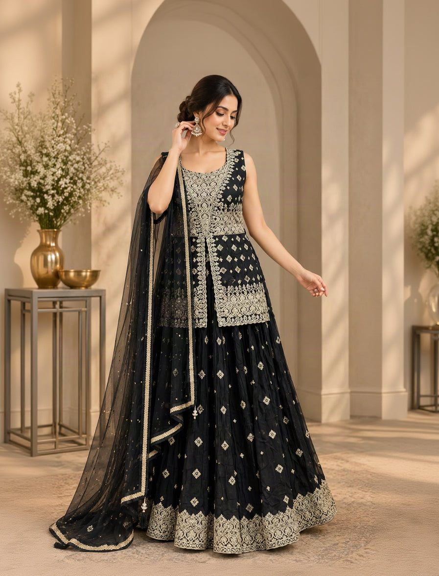 Black & Gold Embroidered Anarkali Lehenga Set with Geometric Zari Work, Net Dupatta & Ornate Borders | Wedding & Festive Wear