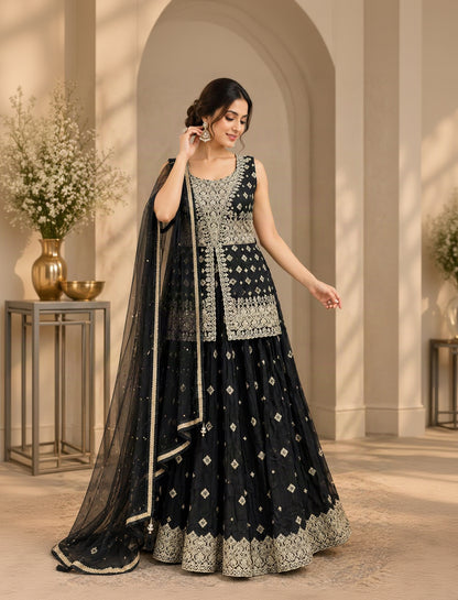 Black & Gold Embroidered Anarkali Lehenga Set with Geometric Zari Work, Net Dupatta & Ornate Borders | Wedding & Festive Wear
