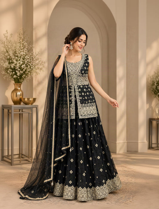 Black & Gold Embroidered Anarkali Lehenga Set with Geometric Zari Work, Net Dupatta & Ornate Borders | Wedding & Festive Wear