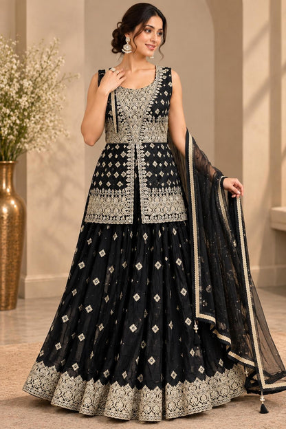 Black & Gold Embroidered Anarkali Lehenga Set with Geometric Zari Work, Net Dupatta & Ornate Borders | Wedding & Festive Wear