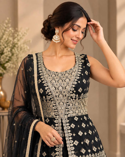 Black & Gold Embroidered Anarkali Lehenga Set with Geometric Zari Work, Net Dupatta & Ornate Borders | Wedding & Festive Wear