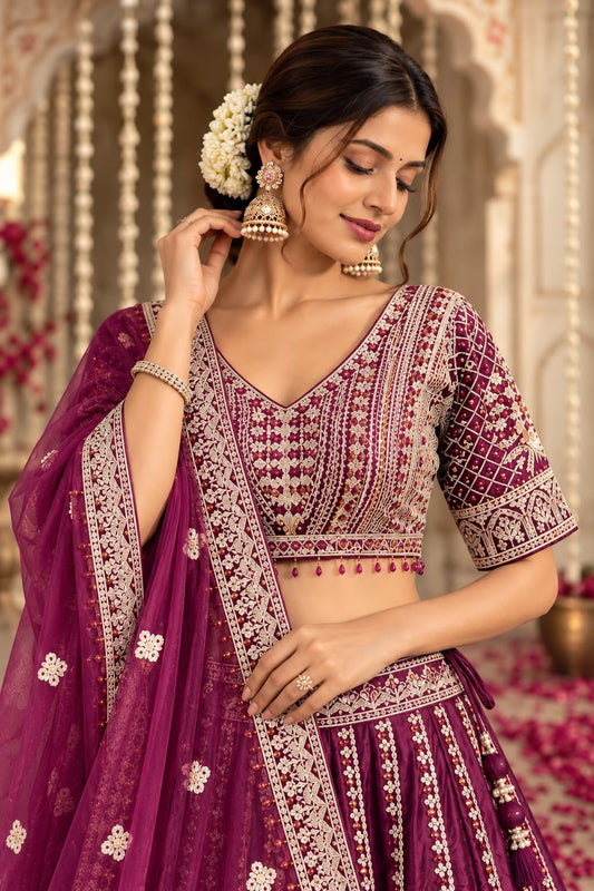 Wine Maroon Designer Lehenga Choli with Intricate Embroidery, Sequin Work & Heavy Border | Traditional Wedding Wear