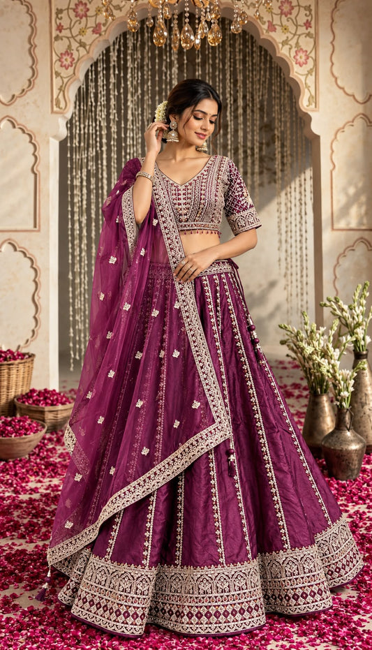 Wine Maroon Designer Lehenga Choli with Intricate Embroidery, Sequin Work & Heavy Border | Traditional Wedding Wear