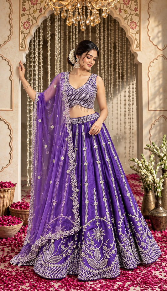Royal Purple Designer Lehenga Choli with Intricate Embroidery & Floral Border | Festive Wedding Wear