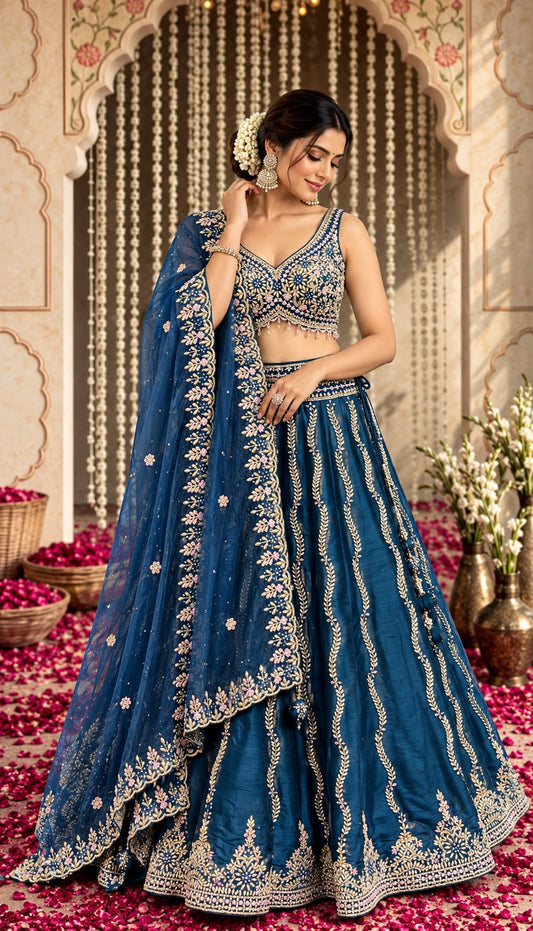 Navy Blue Designer Lehenga Choli with Floral Embroidery & Sequin Work | Elegant Wedding & Festive Wear