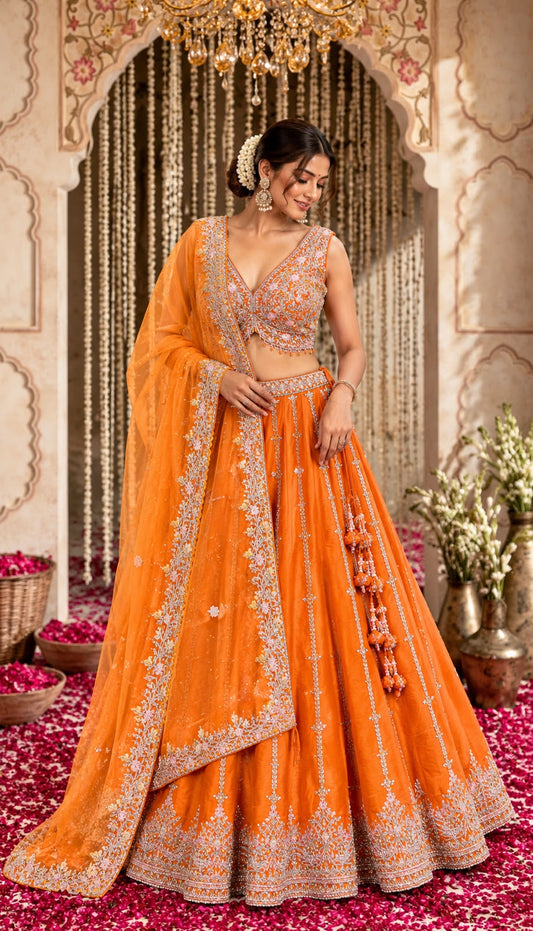 Orange Designer Lehenga Choli with Silver Floral Embroidery & Sequin Work | Festive Wedding Wear