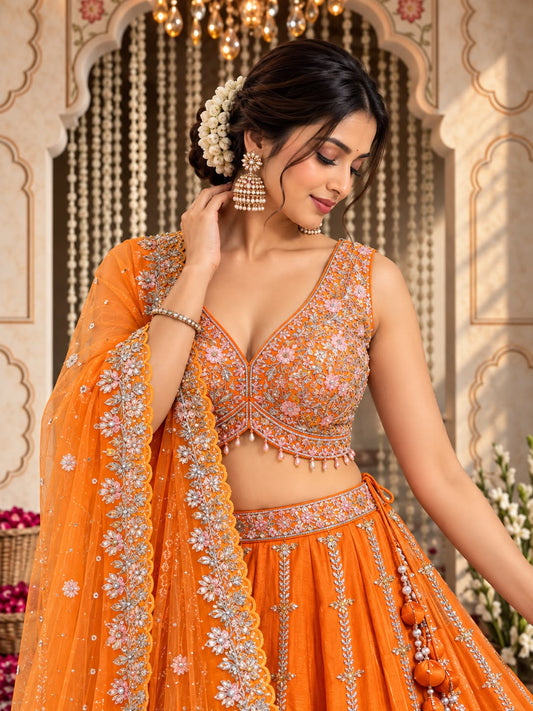 Orange Designer Lehenga Choli with Silver Floral Embroidery & Sequin Work | Festive Wedding Wear