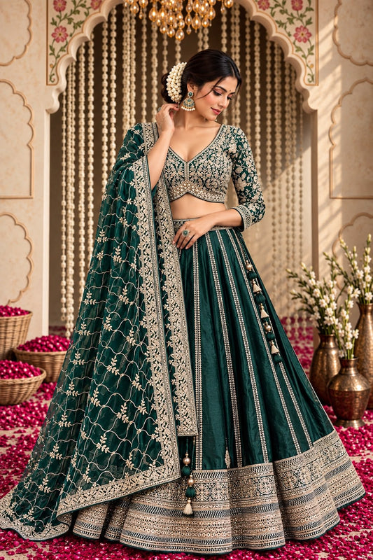 Bottle Green Designer Lehenga Choli with Intricate Gold Embroidery & Floral Work | Elegant Wedding Wear
