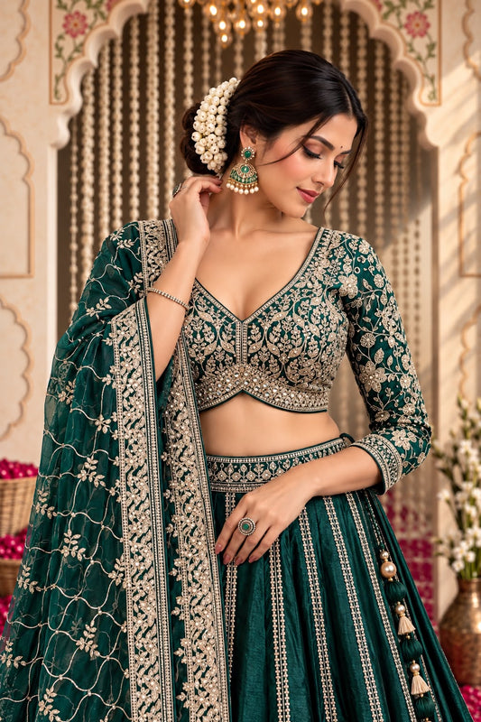 Bottle Green Designer Lehenga Choli with Intricate Gold Embroidery & Floral Work | Elegant Wedding Wear