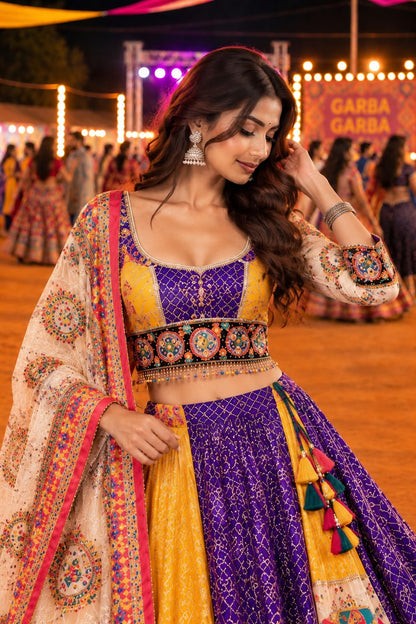 Multicolour Bandhani Print Garba Lehenga Choli with Mirror Work & Embroidered Dupatta | Navratri Wear