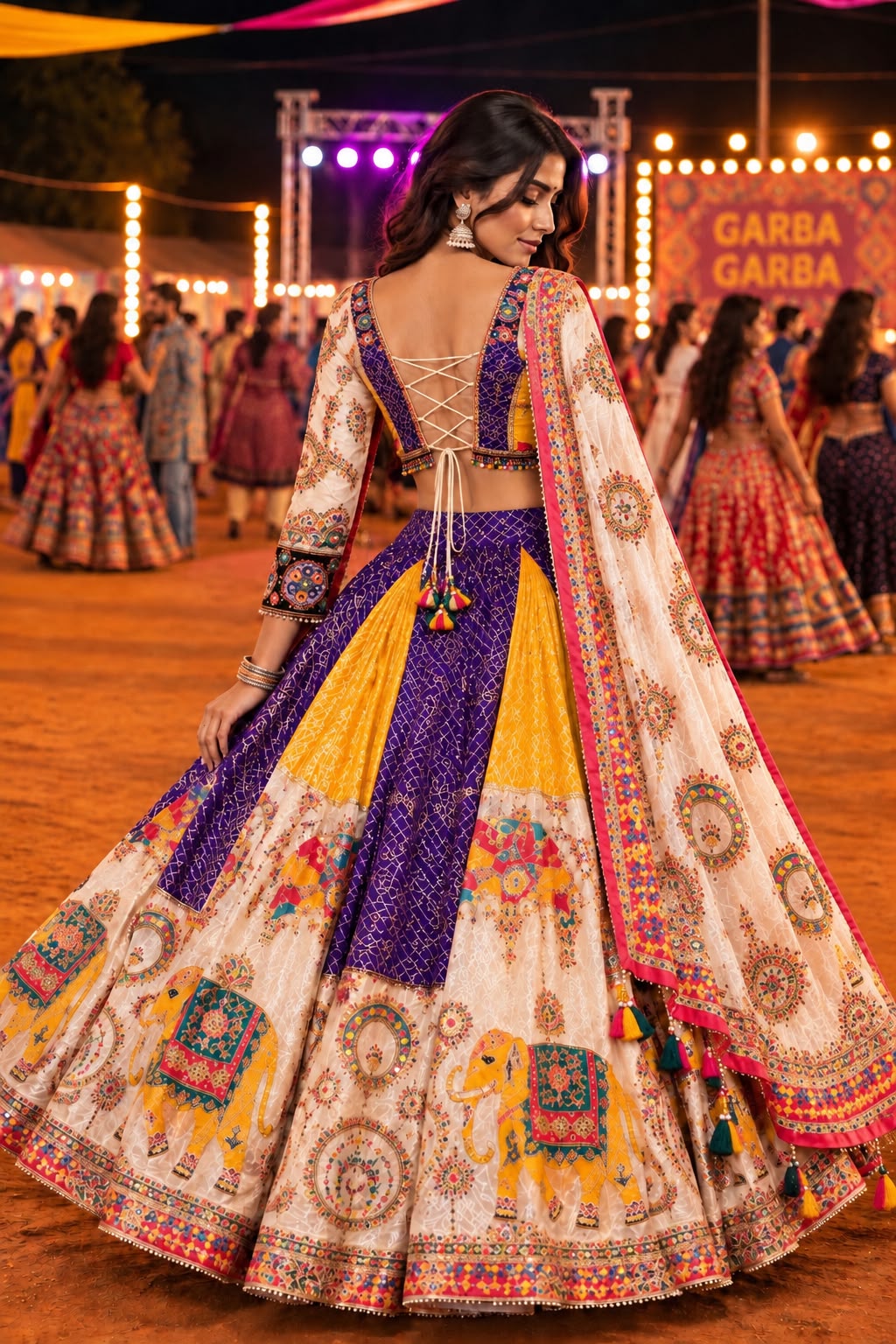 Multicolour Bandhani Print Garba Lehenga Choli with Mirror Work & Embroidered Dupatta | Navratri Wear