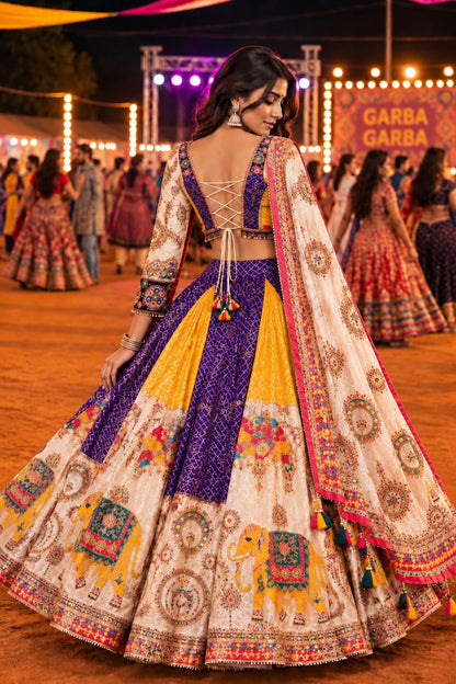 Multicolour Bandhani Print Garba Lehenga Choli with Mirror Work & Embroidered Dupatta | Navratri Wear