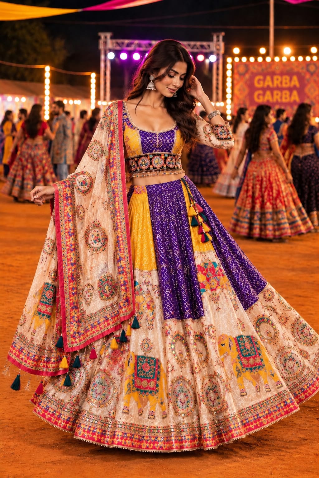 Multicolour Bandhani Print Garba Lehenga Choli with Mirror Work & Embroidered Dupatta | Navratri Wear