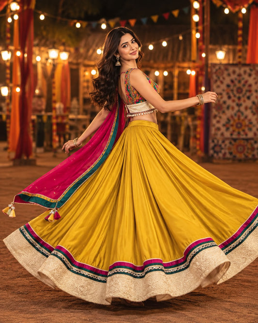 Mustard Yellow Garba Lehenga Choli with Multicolour Border & Traditional Embroidery | Navratri Festive Wear