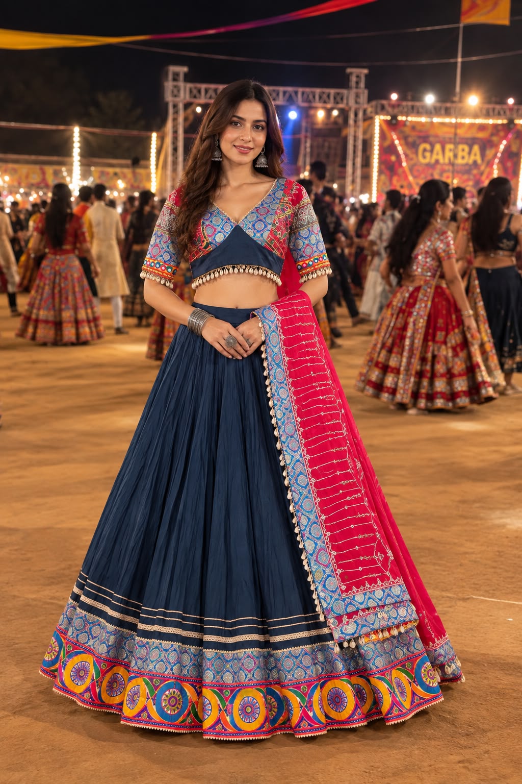 Navy Blue Garba Lehenga Choli with Multicolour Traditional Border & Bandhani Inspired Dupatta | Navratri Wear