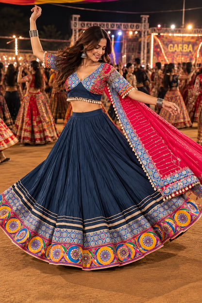 Navy Blue Garba Lehenga Choli with Multicolour Traditional Border & Bandhani Inspired Dupatta | Navratri Wear