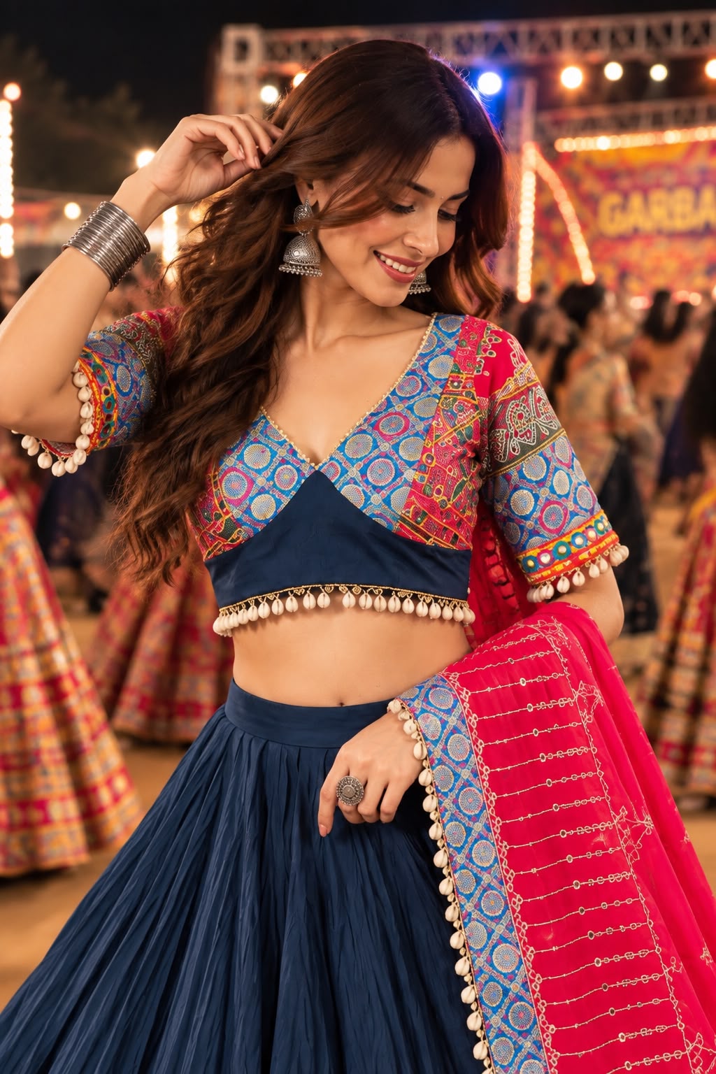 Navy Blue Garba Lehenga Choli with Multicolour Traditional Border & Bandhani Inspired Dupatta | Navratri Wear