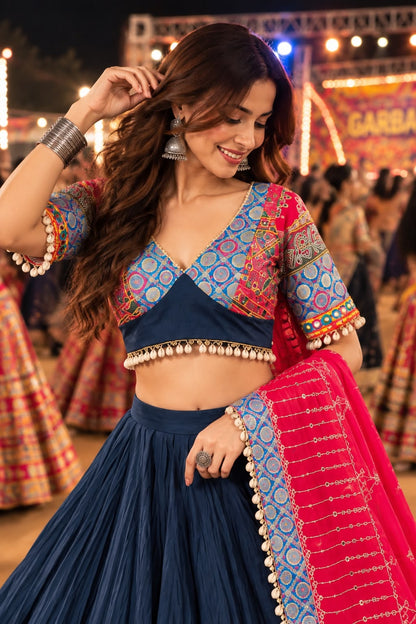 Navy Blue Garba Lehenga Choli with Multicolour Traditional Border & Bandhani Inspired Dupatta | Navratri Wear