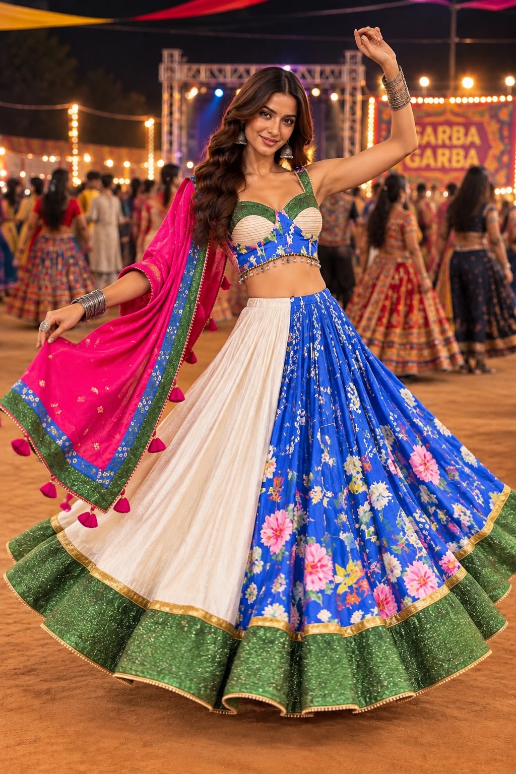 Blue Floral Printed Chaniya Choli with Green Border and Pink Dupatta