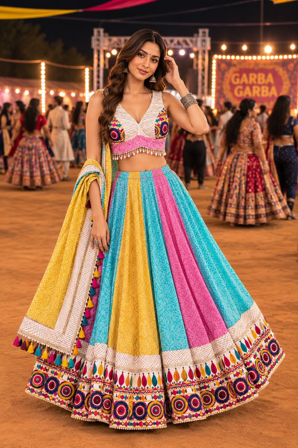 Multicolour Printed Chaniya Choli with Mirror Work and Yellow Dupatta