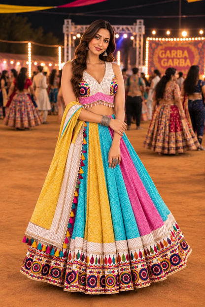 Multicolour Printed Chaniya Choli with Mirror Work and Yellow Dupatta