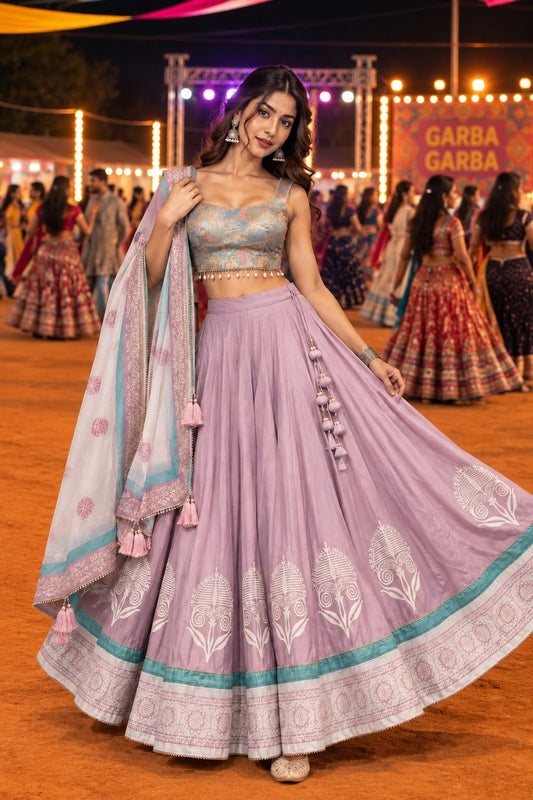 Lavender Printed Chaniya Choli with White Floral Motifs and Pastel Dupatta