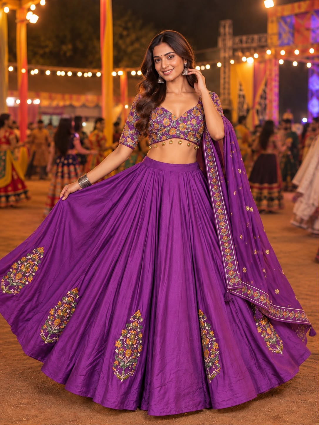 Purple Floral Embroidered Chaniya Choli with Matching Dupatta