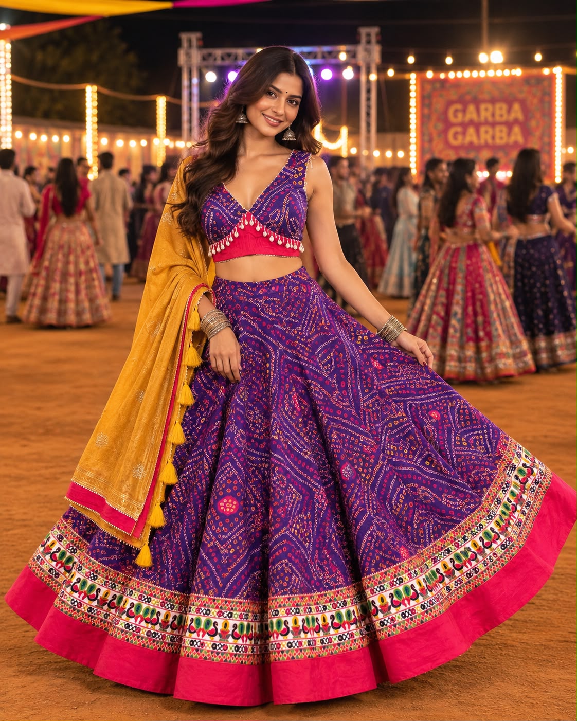 purple Bandhani Printed Chaniya Choli with Pink Border and Mustard Dupatta