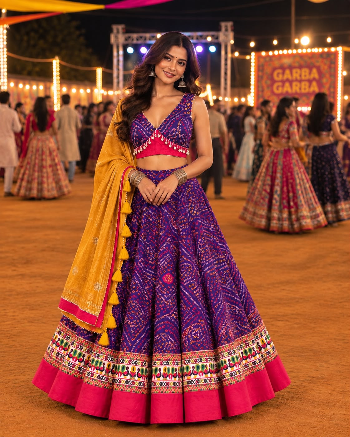 purple Bandhani Printed Chaniya Choli with Pink Border and Mustard Dupatta