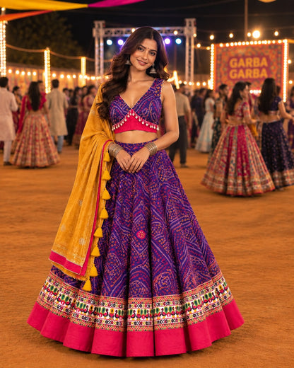 purple Bandhani Printed Chaniya Choli with Pink Border and Mustard Dupatta