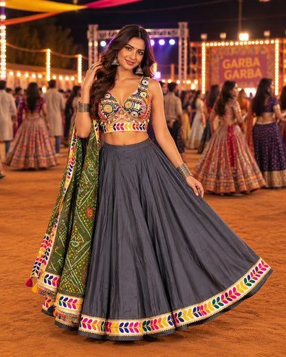 Charcoal Grey Printed Chaniya Choli with Multicolour Border and Green Dupatta