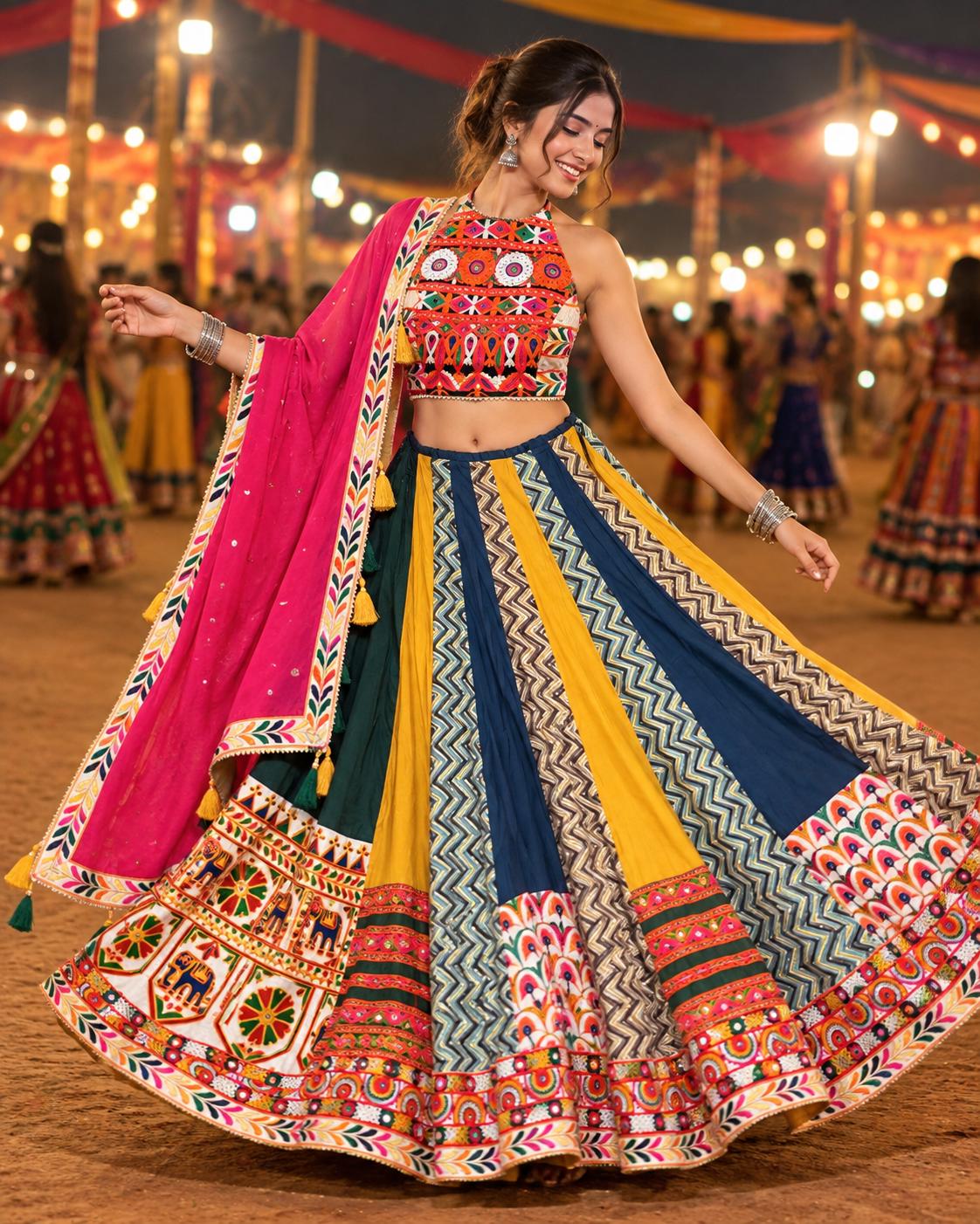 Multicolour Printed Chaniya Choli with Geometric Panels and Pink Dupatta