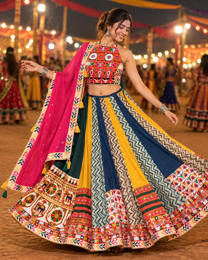 Multicolour Printed Chaniya Choli with Geometric Panels and Pink Dupatta