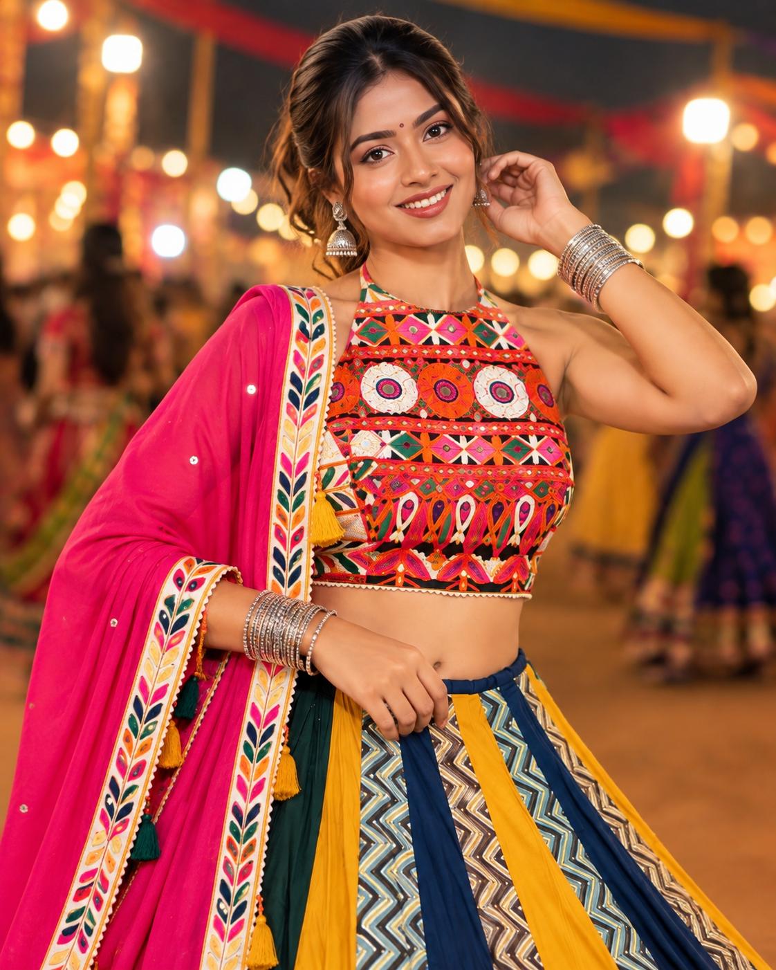 Multicolour Printed Chaniya Choli with Geometric Panels and Pink Dupatta