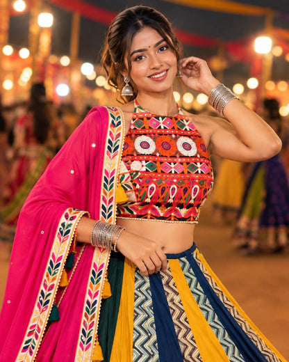Multicolour Printed Chaniya Choli with Geometric Panels and Pink Dupatta