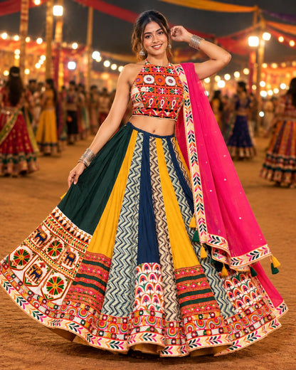 Multicolour Printed Chaniya Choli with Geometric Panels and Pink Dupatta