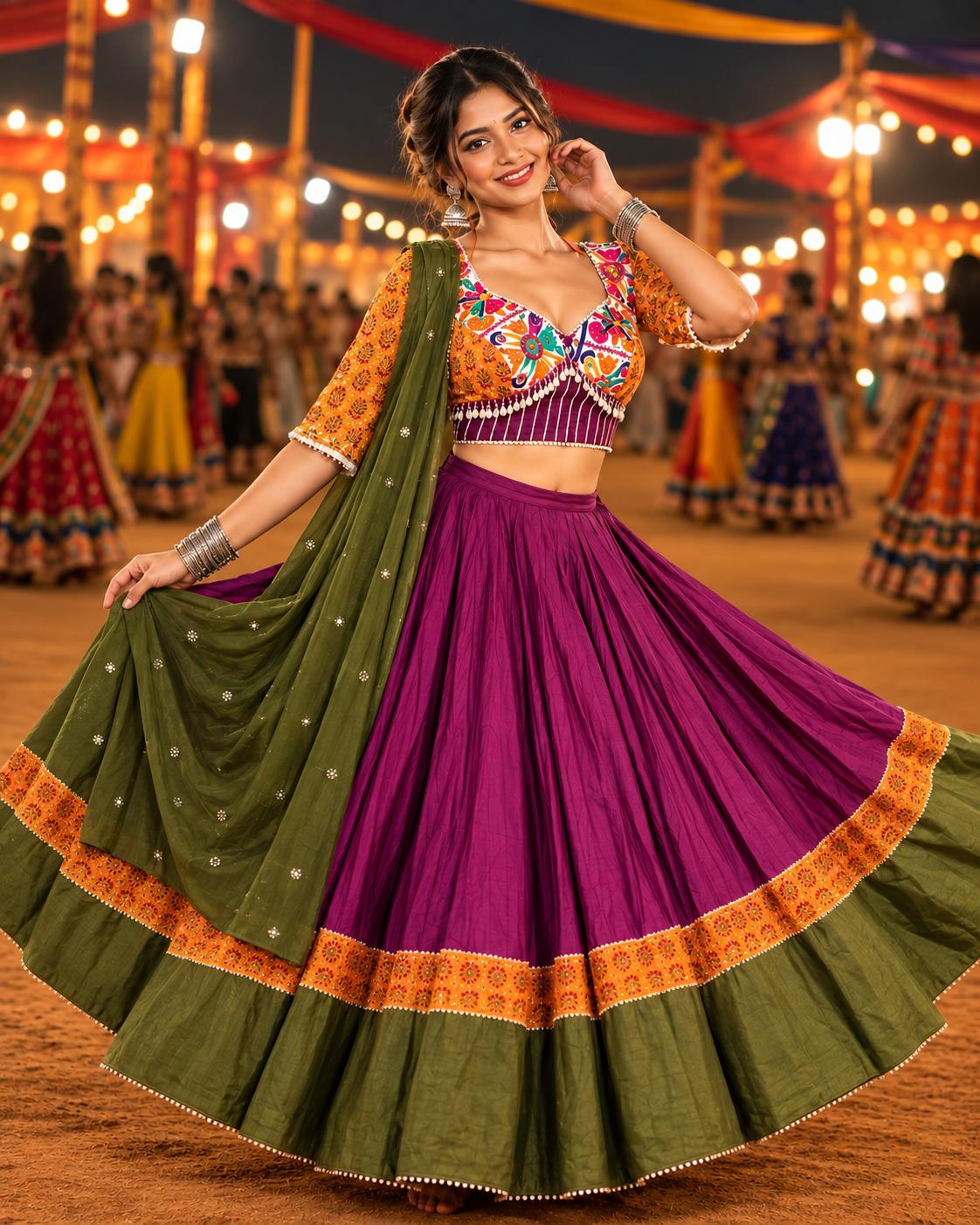 Wine Purple and Olive Green Chaniya Choli with Floral Printed Choli and Embroidered Border