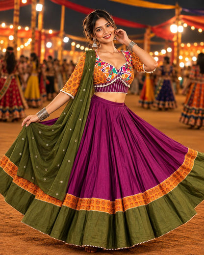 Wine Purple and Olive Green Chaniya Choli with Floral Printed Choli and Embroidered Border