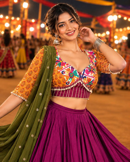 Wine Purple and Olive Green Chaniya Choli with Floral Printed Choli and Embroidered Border