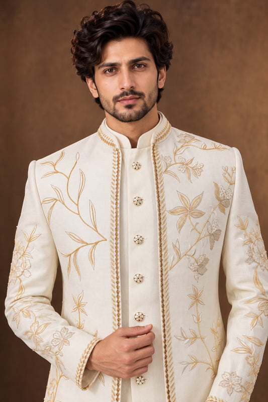 Ivory Indo Western Bandhgala Jacket with Gold Floral Embroidery and Trousers