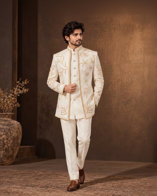 Ivory Indo Western Bandhgala Jacket with Gold Floral Embroidery and Trousers