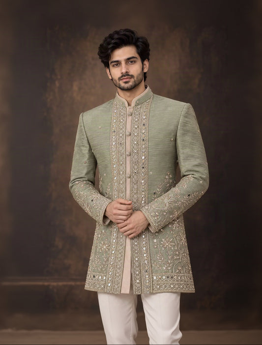 Sage Green Embroidered Indo Western Sherwani Bandhgala Jacket Set