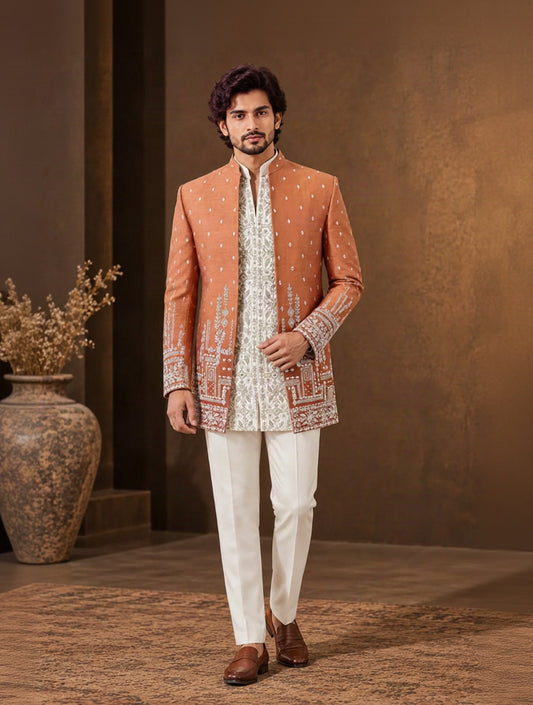 Rust Peach Embroidered Indo Western Sherwani Bandhgala Jacket with Ivory Kurta